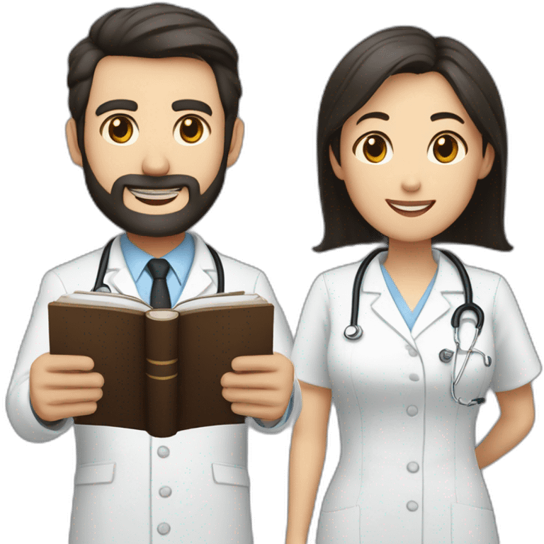 middle age american man with dark brown hair with trimmed beard wearing a suit holding a bible, beside woman asian middle age with black shoulder length hair wearing a nurse uniform emoji