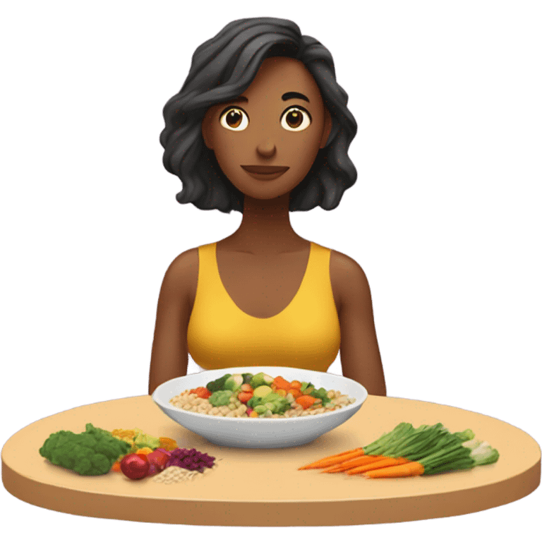 a woman looks at a plate of healthy food emoji