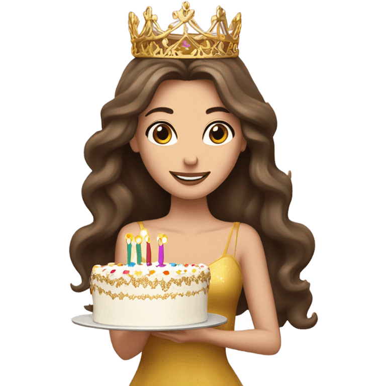 Caucasian long haired brunette with birthday cake and gold tiara emoji