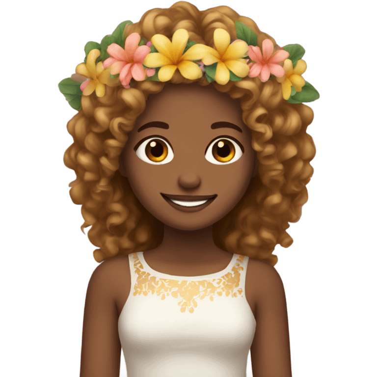 smiling girl with flower crown, Her hair is long, curly, golden brown emoji