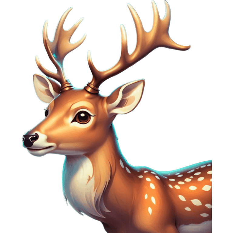 Cinematic Comical Deer Portrait Emoji, Head tilted dramatically with an exaggeratedly amused expression, featuring a sleek dappled coat and whimsically contorted antlers, wide, expressive eyes filled with playful disbelief, Simplified yet hilariously expressive features, highly detailed, glowing with a slightly sassy glow, high shine, dramatic yet playful, stylized with an air of cheeky woodland mischief, bright and endearing, soft glowing outline, capturing the essence of a spirited and over-the-top deer, so meme-worthy it feels like it could side-eye its way into forest folklore instantly! emoji