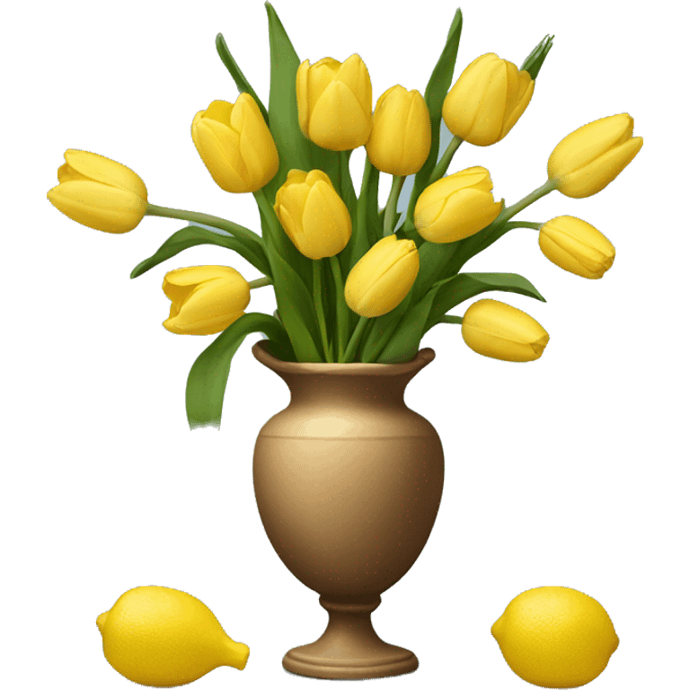 a vase with tulips and lemons next to it emoji