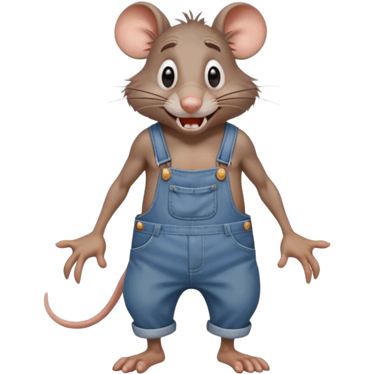 unhappy disheveled dizzy cartoon hillbilly rat wearing overalls no shirt. standing and talking full body. human eyes. teeth showing talking. walking talking moving arms. reacting upset emoji