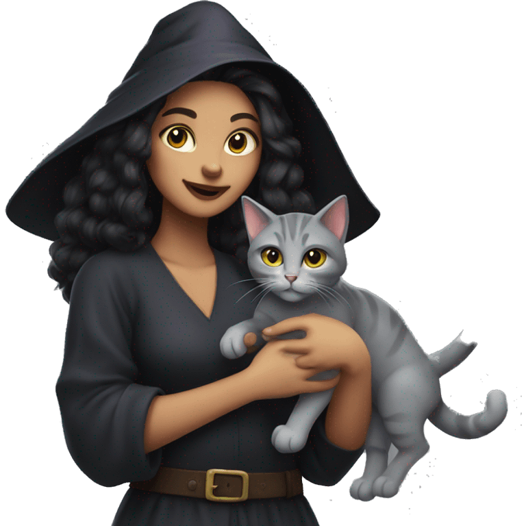 Witch with cat light kin darkhair gray cat emoji