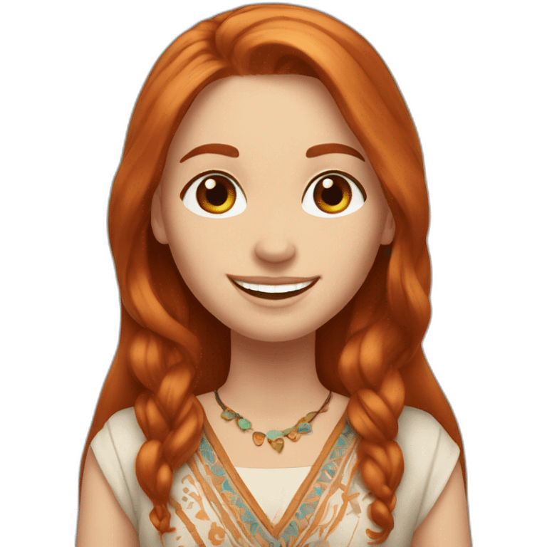 redhead white woman medium long straight hair, greets smiling, wearing boho dress emoji