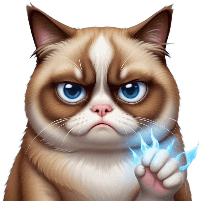 Cinematic Meme-Worthy Grumpy Cat meme Portrait Emoji, Head held high but eyes filled with dramatic disappointment, soft brown fur , white paws planted firmly in defiance, signature grumpy cat frown perfectly etched on its face, icy-blue eyes radiating pure disapproval, Simplified yet hilariously over-exaggerated features, highly detailed, glowing with an aura of supreme annoyance, high shine, exhausted yet judgmental, stylized with an almost regal pettiness, bright but brooding, soft glowing outline, capturing the essence of a feline that has seen it all and is thoroughly unimpressed, so meme-worthy it feels like it could instantly become the next viral sensation of grumpiness! emoji