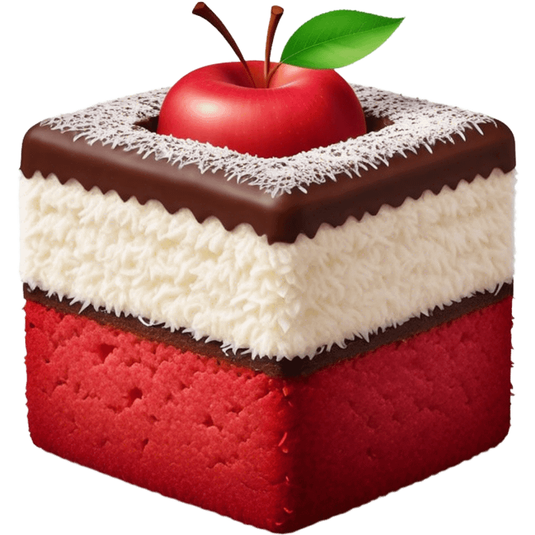 Lamington Cinematic Realistic Lamington Dessert Emoji, depicted as a sponge cake square coated in chocolate and dusted with coconut on all sides, rendered with lifelike textures and vibrant, tropical lighting. emoji