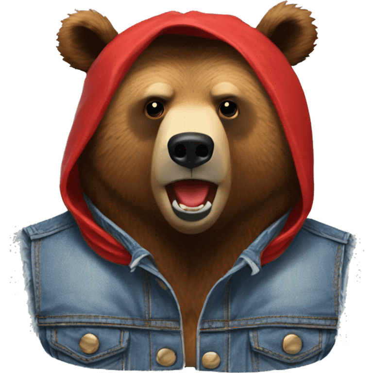 grizzly bear wearing sleeveless jean jacket and red bandana around head with open mouth emoji