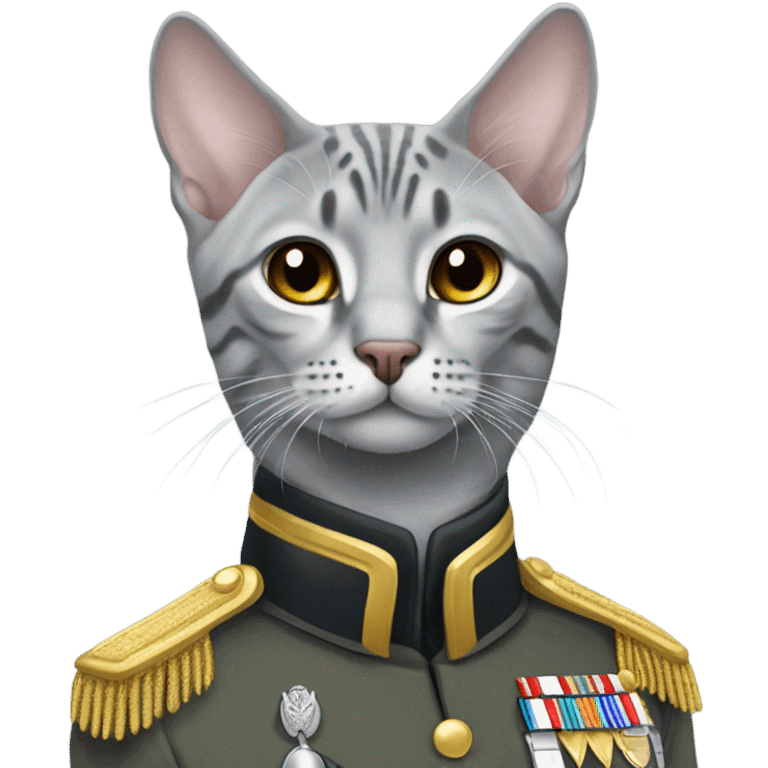 A grey Egyptian Mau with a military general uniform emoji