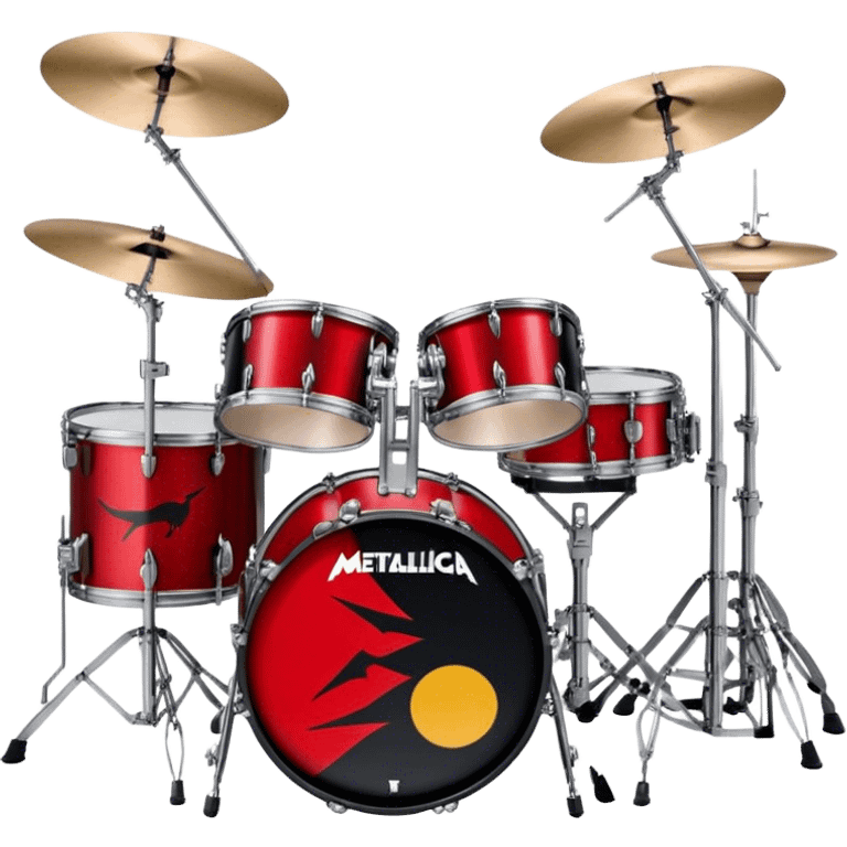 Create a powerful and dynamic emoji representing Lars Ulrich's drum kit. The design should feature a heavy-duty, professional drum set with a large bass drum, snare, toms, and multiple cymbals, reflecting Lars' iconic setup. The drums should have a bold, metallic look, with dark, aggressive colors like black, silver, and red, reflecting the heavy metal aesthetic. Add subtle details like the Metallica logo on the bass drum or cymbals to emphasize the connection with the band. Use musical notes and sound waves to evoke the intense rhythm and energy of Lars Ulrich's drumming style. The background should be transparent. emoji