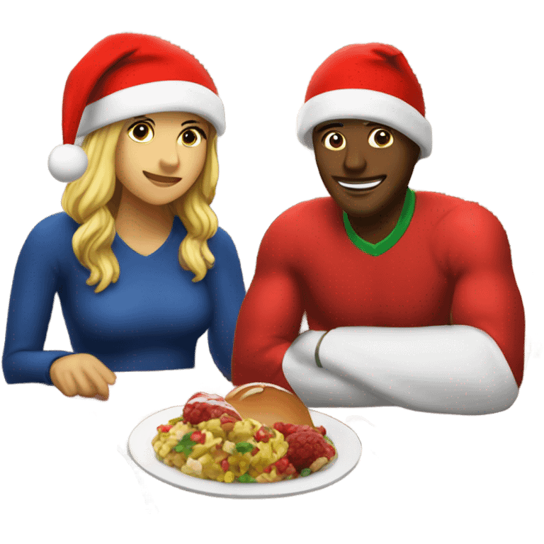 Sports emoji couple, man and woman in sportswear, sitting at the New Year's dinner table with a red Christmas hat emoji