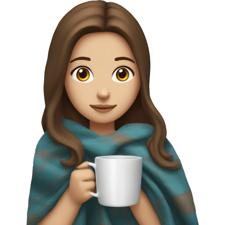 White girl with long brown hair and a blanket and a cup emoji