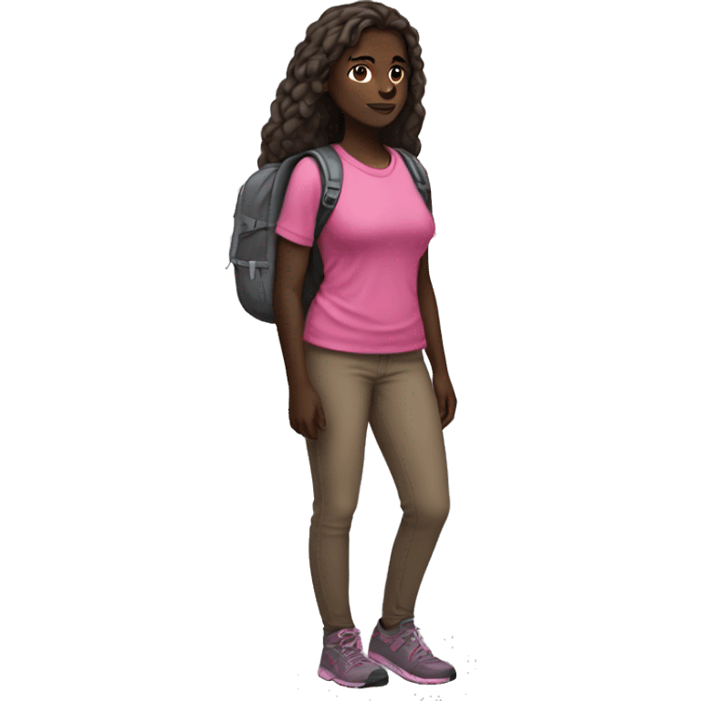 Dark skinned girl hiking full body with pink shirt long hair emoji