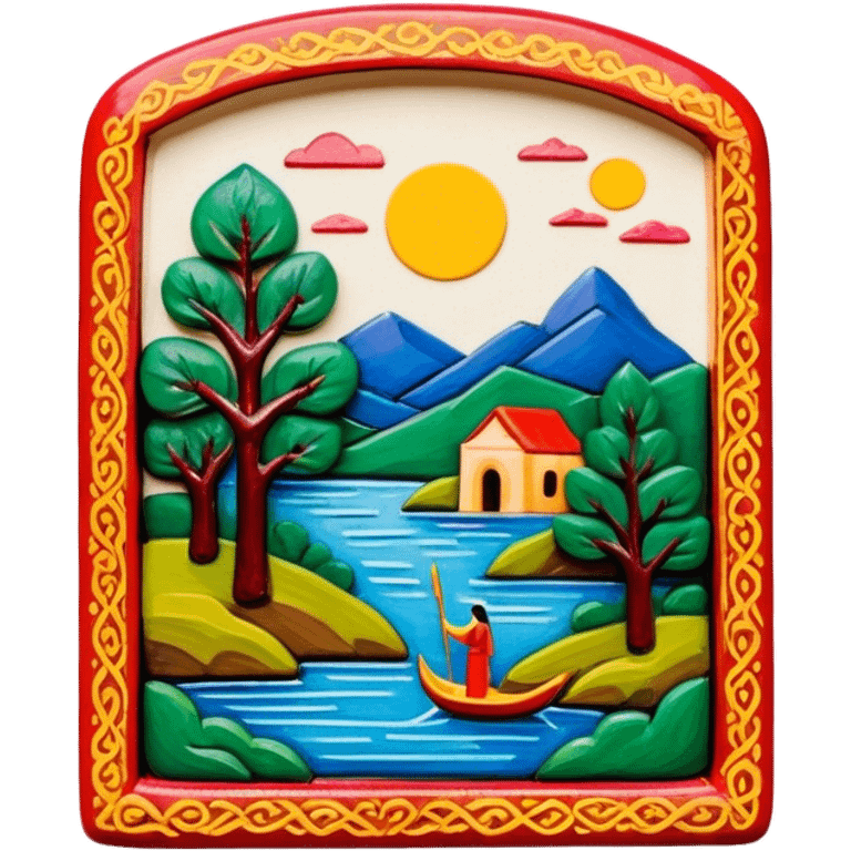 Lacquer miniature on papier-mâché icon, small painted scene on papier-mâché surface, fine brush strokes, vibrant colors, intricate details, minimalistic style, clean lines, transparent background. emoji