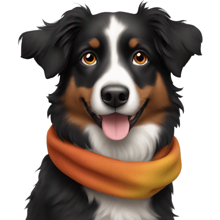 Small black australian shepherd dog wearing autumn emoji