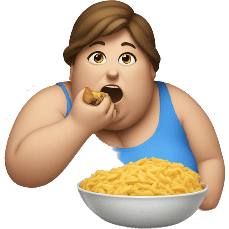 Fat woman with brown hair and blue eyes eating  emoji