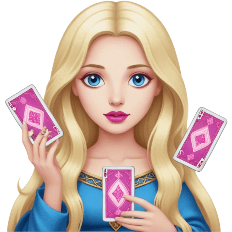 A realistic blonde with long hair and blue eyes and pink lips holds tarot cards in her hands emoji