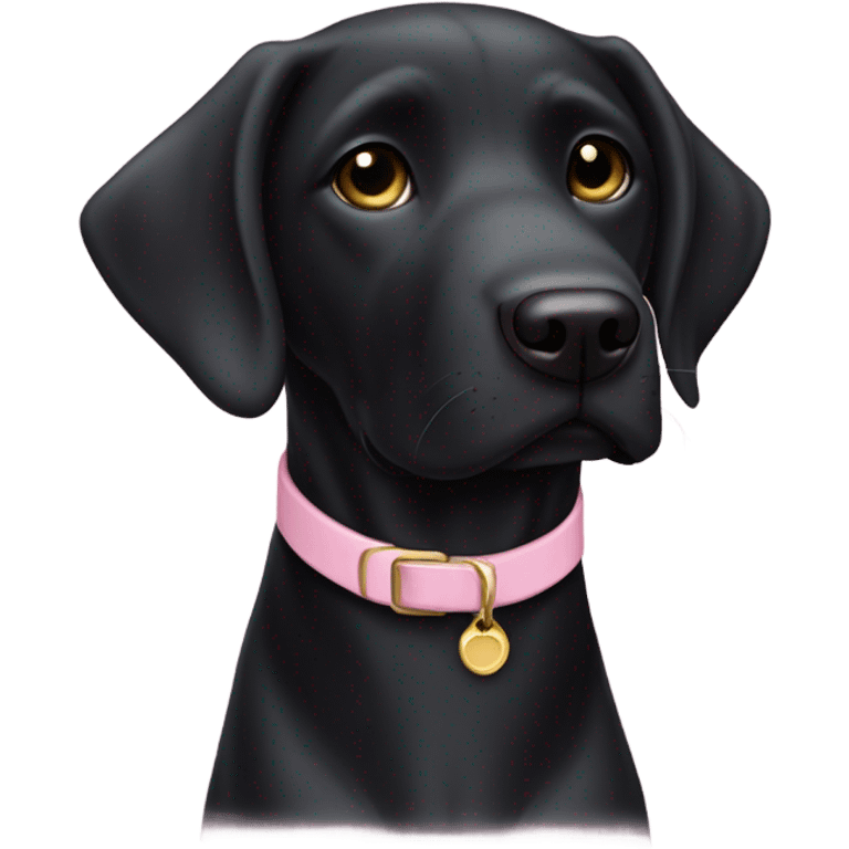 a black lab with one ear up and one ear down and it’s wearing a light pink collar emoji