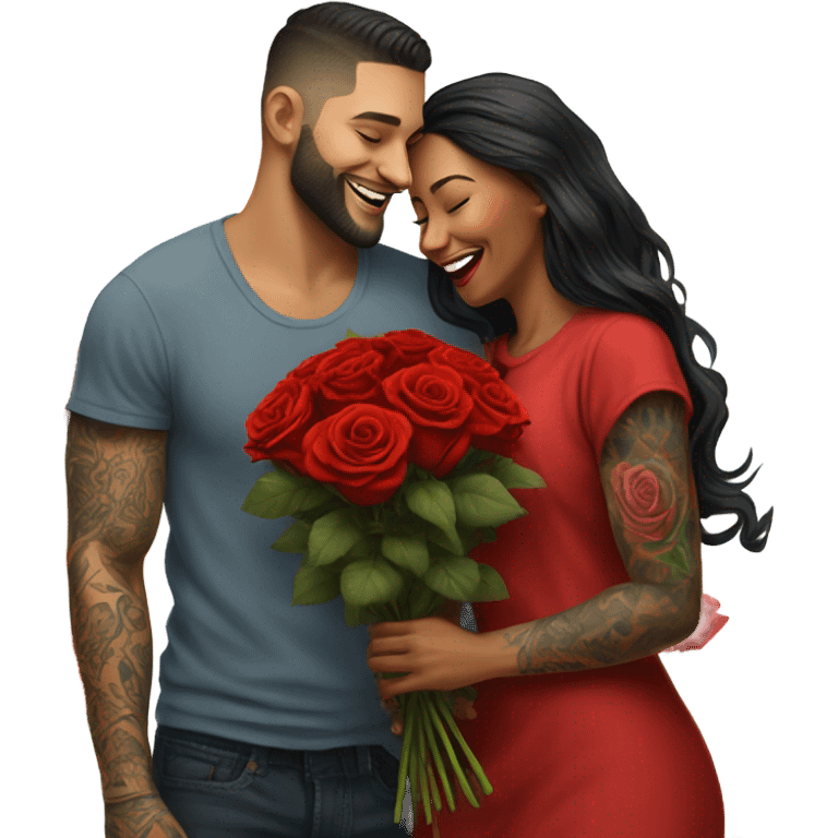 Hyper Realistic beautiful woman smells bouquet of bright red roses laughing with handsome tattooed man  emoji