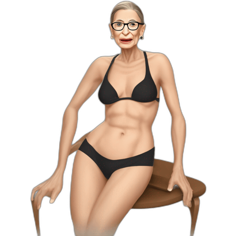 sexy ruth bader ginsburg wearing string bikini with hole in the crotch of her bikini bottoms acting out that scene from basic instinct (full body, ios17, sitting legs spread apart) emoji