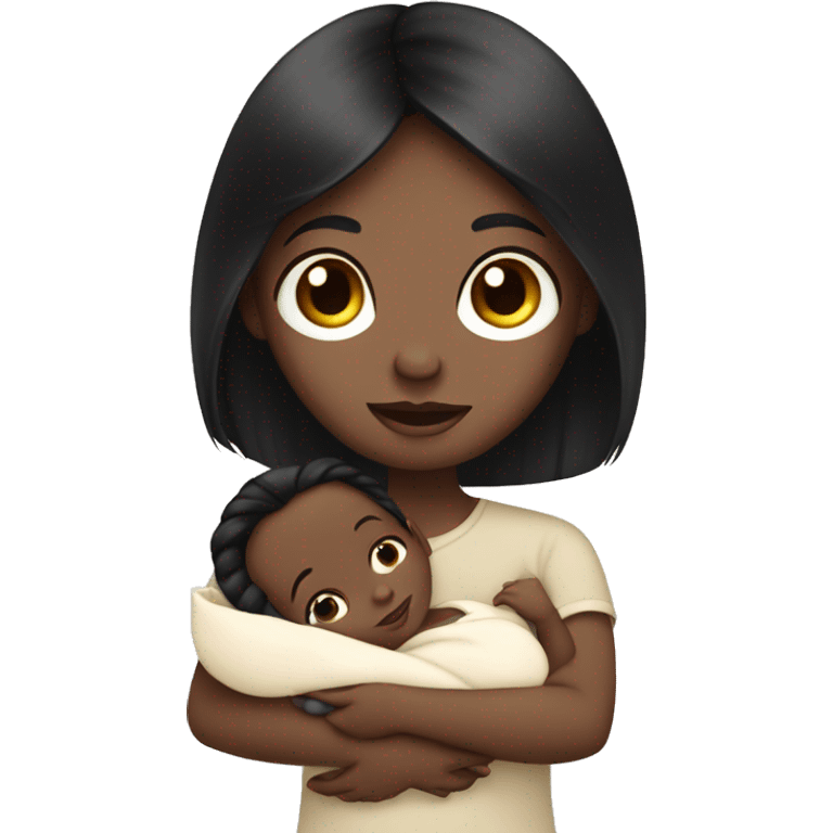 Pale girl with long black hair is holding a newborn baby emoji