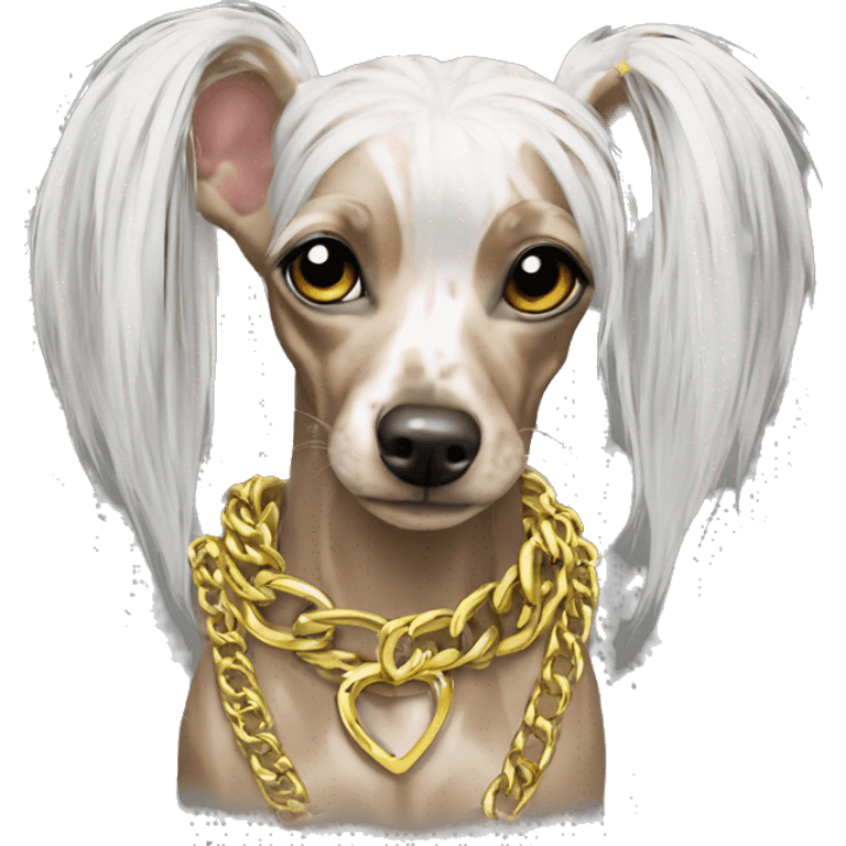 Chinese crested neon hair gold chain piercings tattoos emoji