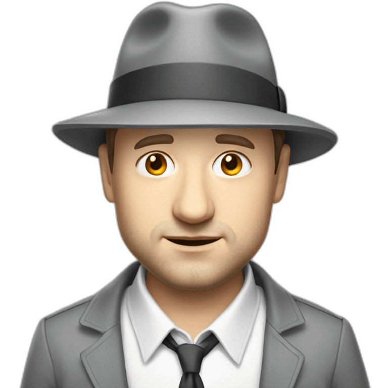 tim robinson wearing a grey fedora with a grey flap on the back white shirt looking sad emoji