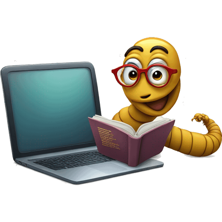 worm with glasses reading a book witha computer emoji