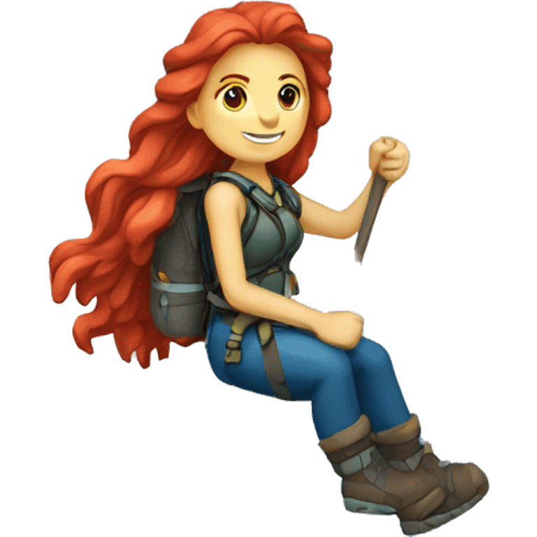 a red hair female mountaineer summitting ice peak with greek flag emoji