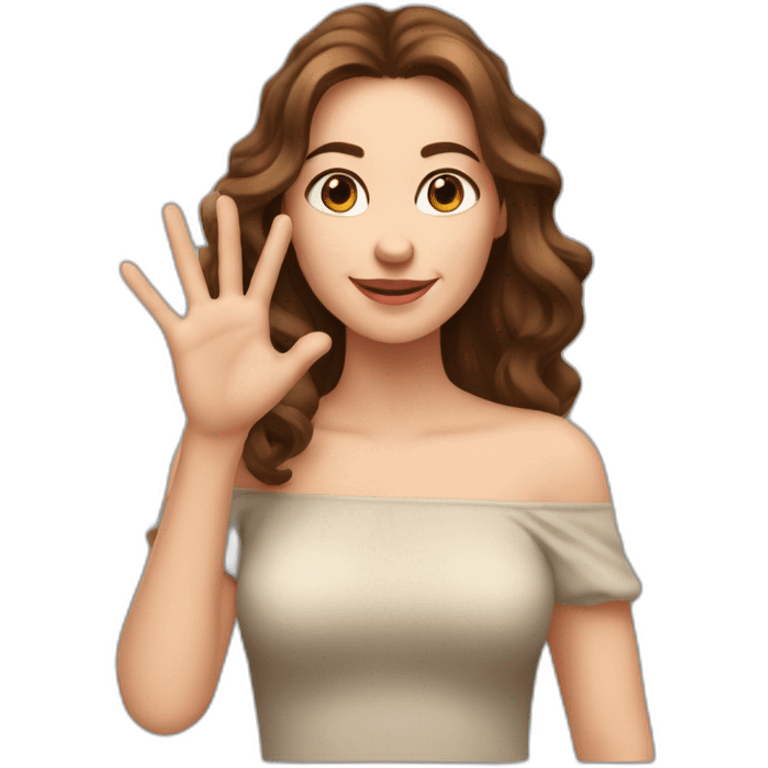 white woman with shoulder-length wavy brown hair, wearing an off-shoulder top, and making this gesture 🫶🏻 emoji