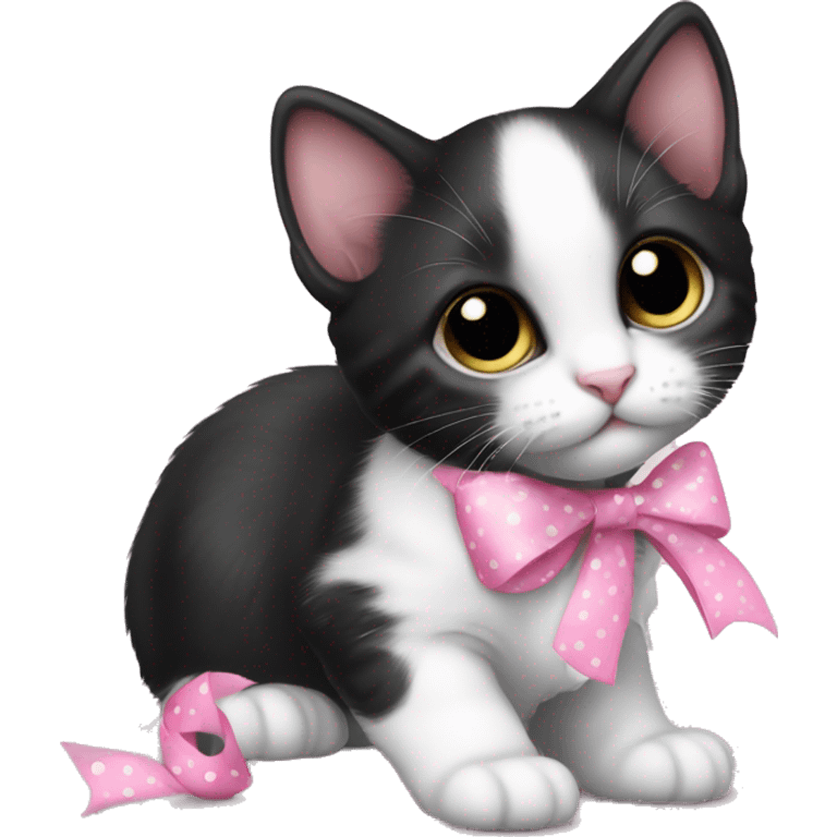 Baby Full body Tuxedo kitten with a pink polka dot ribbon Hazel eyes emoji