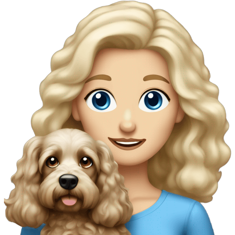 blue eyed very old long haired blonde lady with dark brown Cockapoo puppy dog emoji