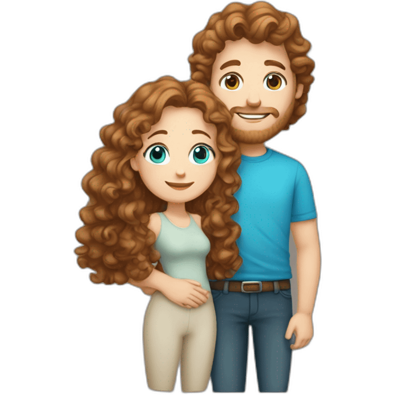 Couple, hugging, white European man with brown curly hair and bright blue eyes. chubby wphite woman with long light brown curly hair and blue-green eyes. emoji