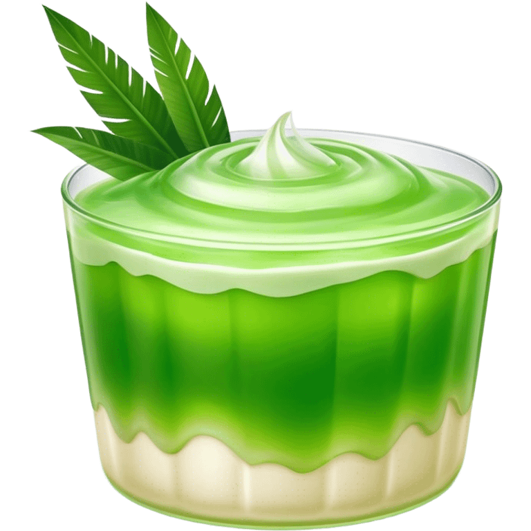 Cinematic Realistic Coconut Pandan Jelly Dessert Emoji, showcasing a delicate, translucent jelly infused with coconut and pandan rendered with lifelike detail and soft, tropical lighting. emoji