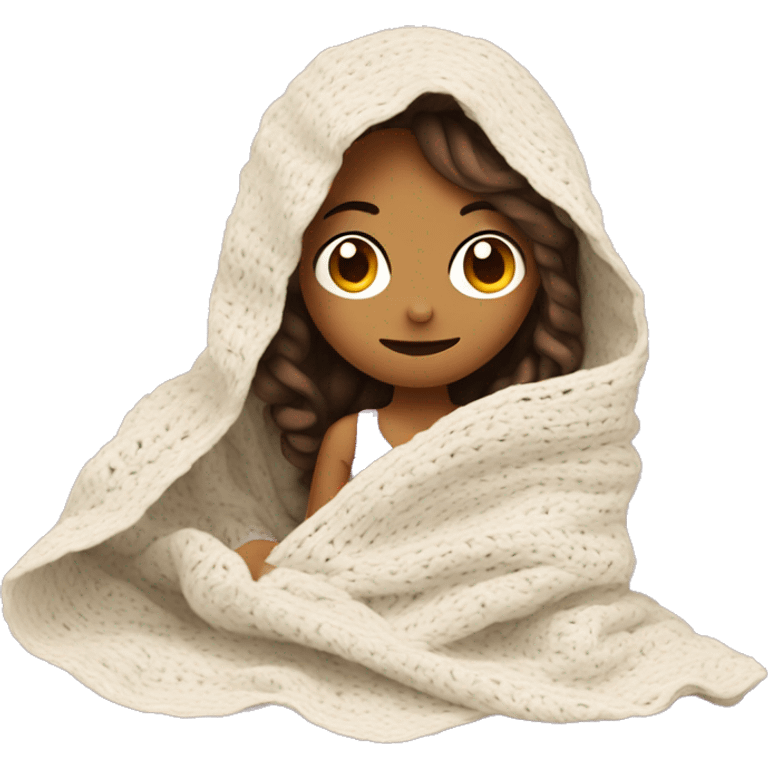 Girl inside a blanket doing crochet emoji