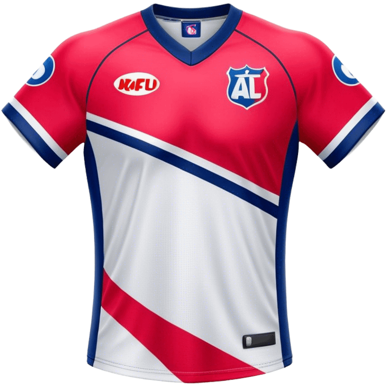 Cinematic Realistic image of an AFL jersey rendered in vibrant team colors with detailed fabric textures and dynamic creases, illuminated by bold, stadium lighting that accentuates its sporty character emoji