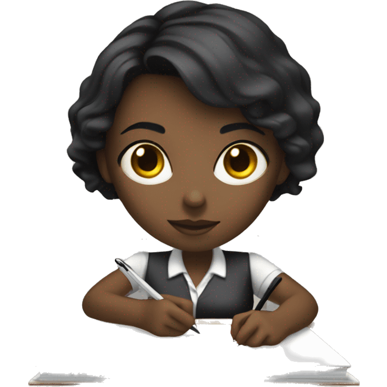 white woman with short black hair writing  a notebook on a desk emoji