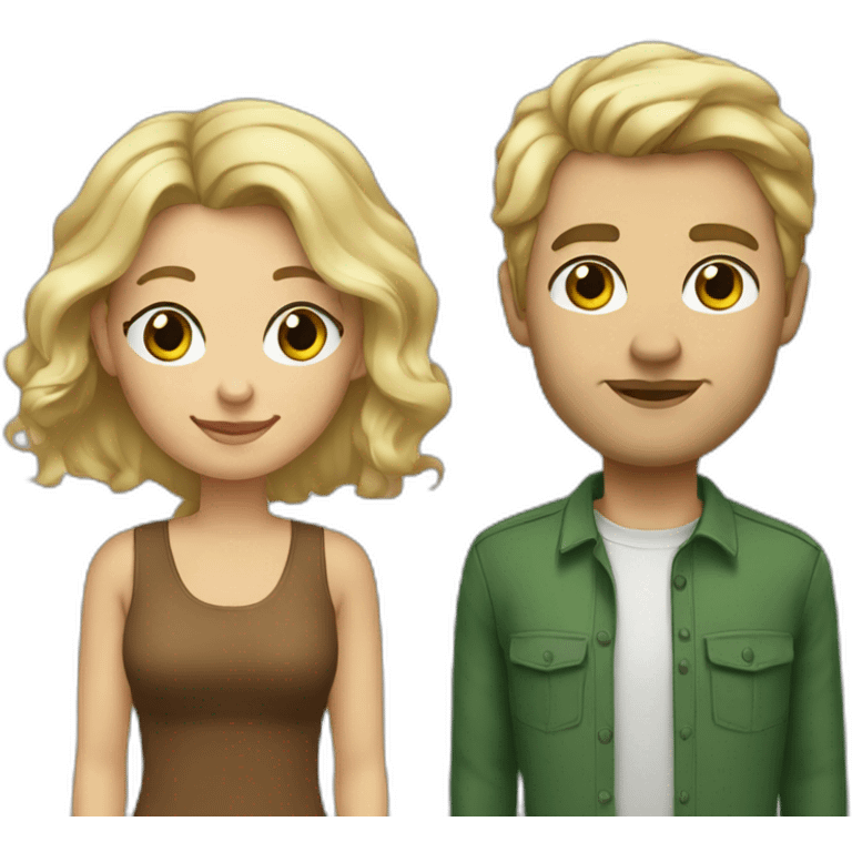 An american couple. The woman is blonde and has blue eyes and long wavy hair. The man has brown, short hair, his left ear is perced. His eyes are green emoji