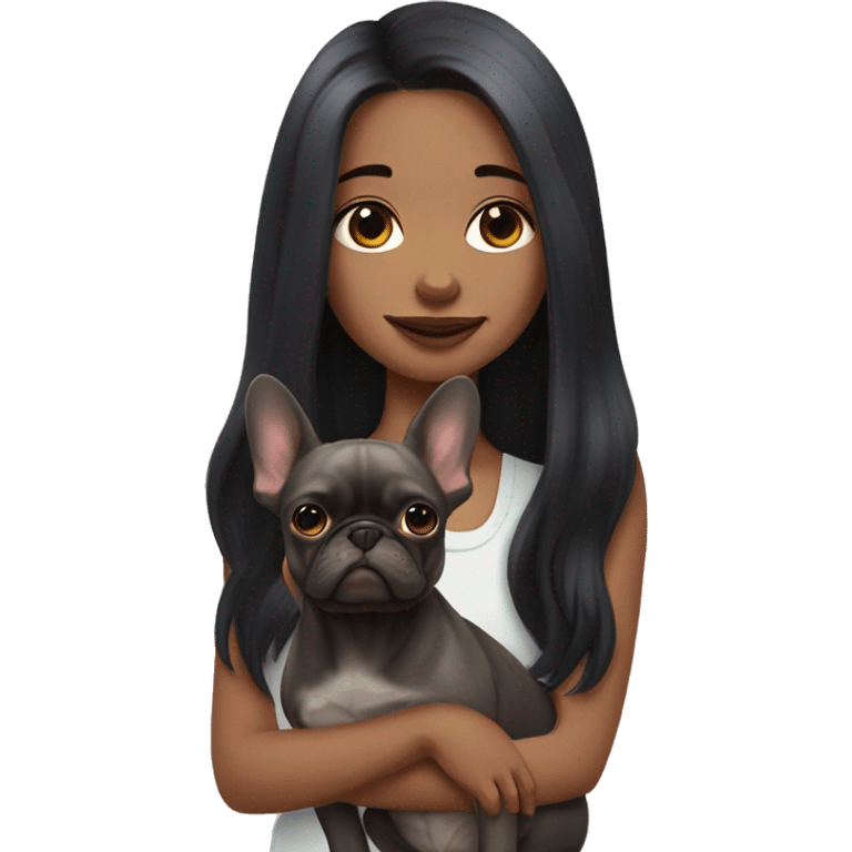 Girl with dark long hair holding Merle Frenchie  emoji