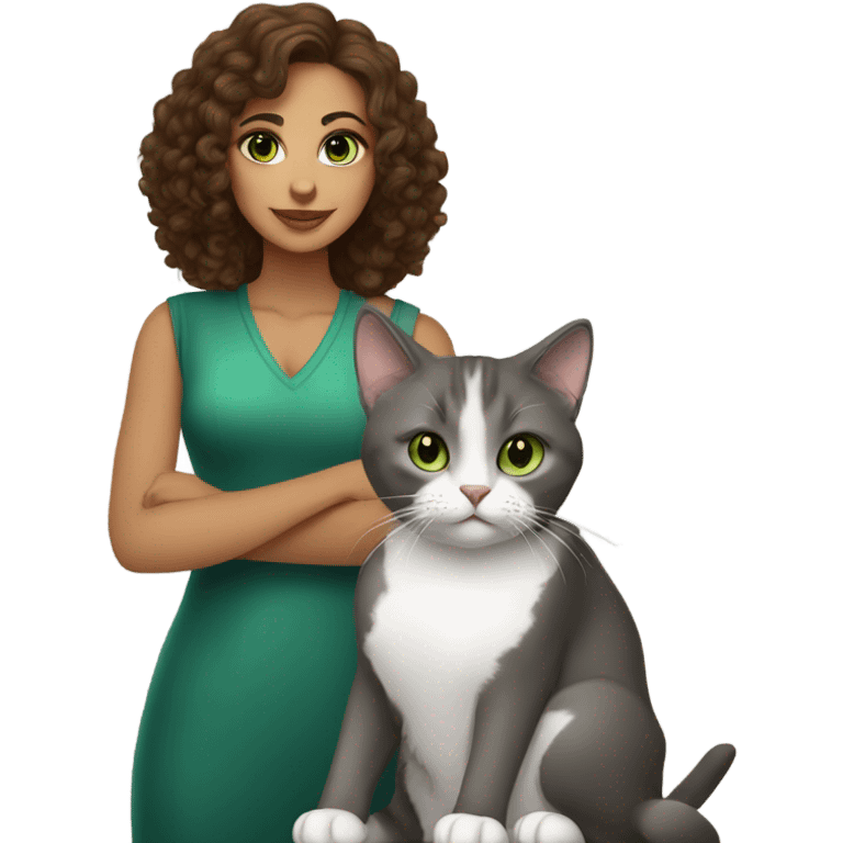 Brown curly hair latina girl with brown eyes holding a grey tuxedo cat with green eyes emoji