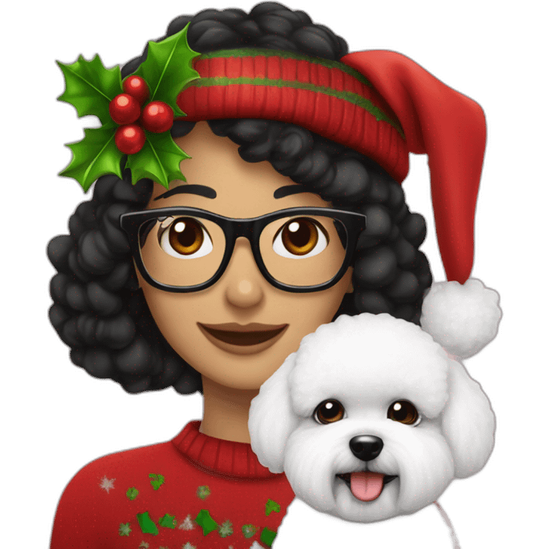 woman-black hair-christmas hat-with glasses-with bichon dog-white-smile emoji