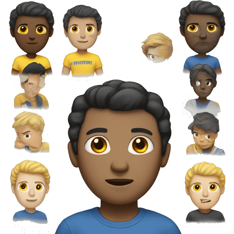 a man with white skin, short black hair, brown eyes with a deep look, and a blue and yellow tshirt emoji