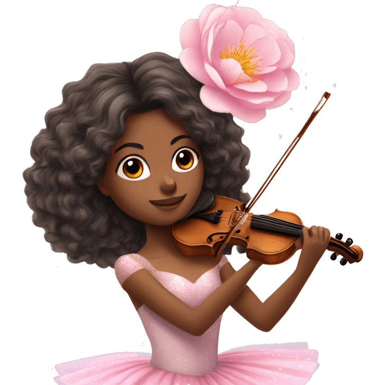 ballet brunette with brown skin girl with soft pastel tutu playing violin with peonies and sparkles realistic coquette emoji