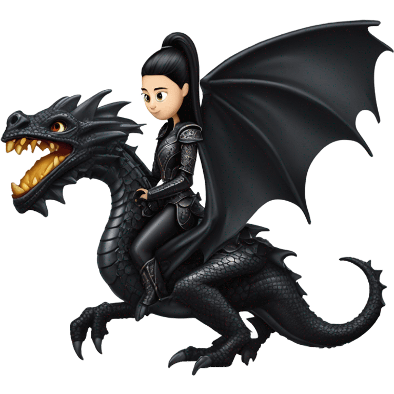  beautiful armored teen Morticia Addams Jedi riding on the back of a very large black shiny evil-looking dragon emoji