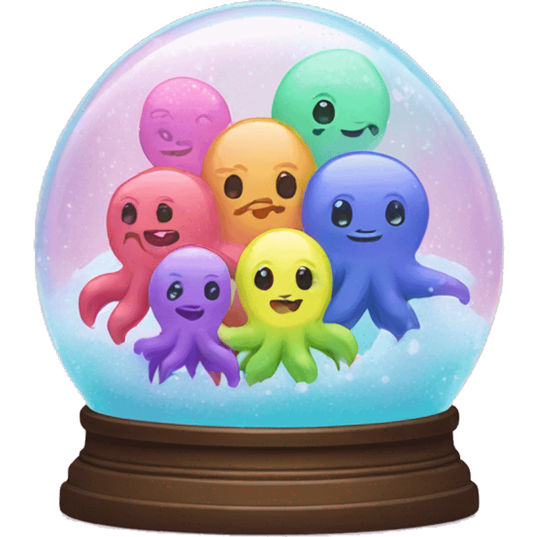 Kawaii rainbow pastel family of sea monsters in neon snow globe  emoji