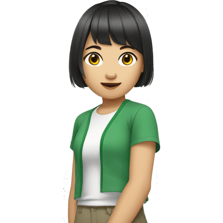 Asian girl with short hair with bang and gren t-shirt on emoji