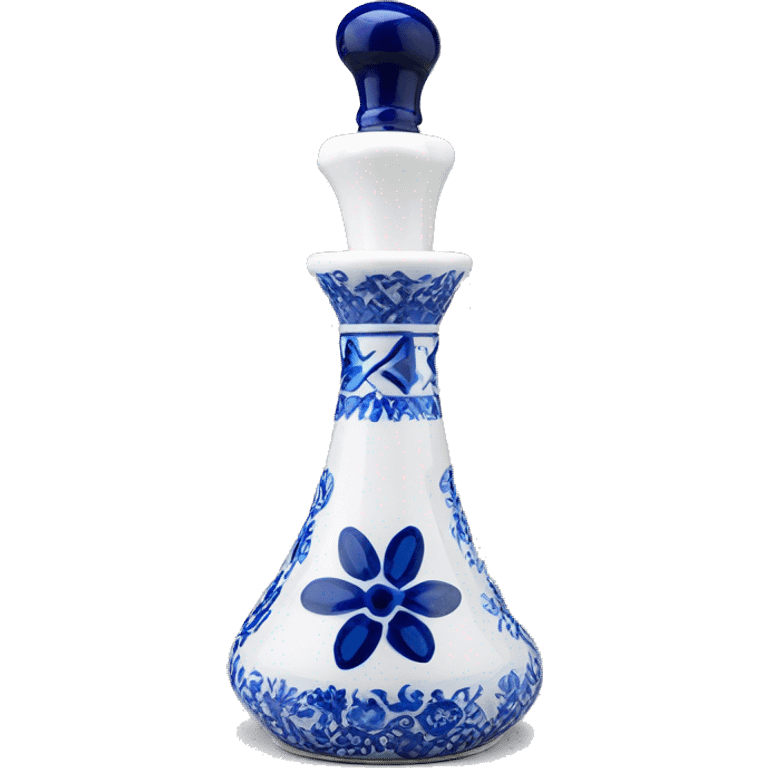 The Clase Azul Tequila bottle is tall and hourglass-shaped, with a wide base that tapers towards the neck. Its white ceramic body is decorated with cobalt blue floral designs, and it’s topped with a complete gray, bell-shaped stopper that curves inward  emoji