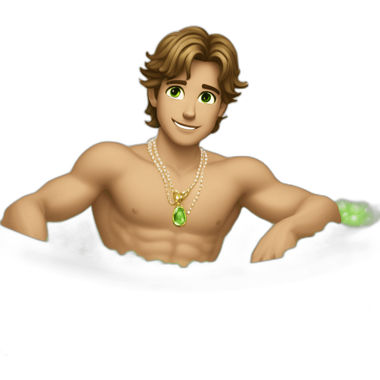 Posh-muscle-boy-brown-hair-green-eyes-pearl-necklace-in-golden-bathtub emoji