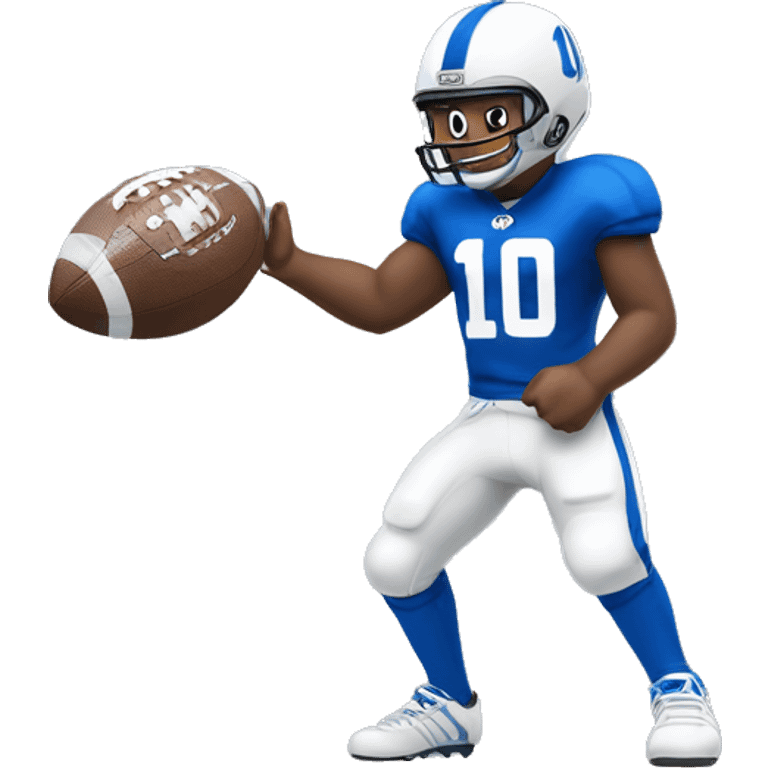 american football fan wearing blue jersey with white number 10 holding a number 1 foam finge emoji