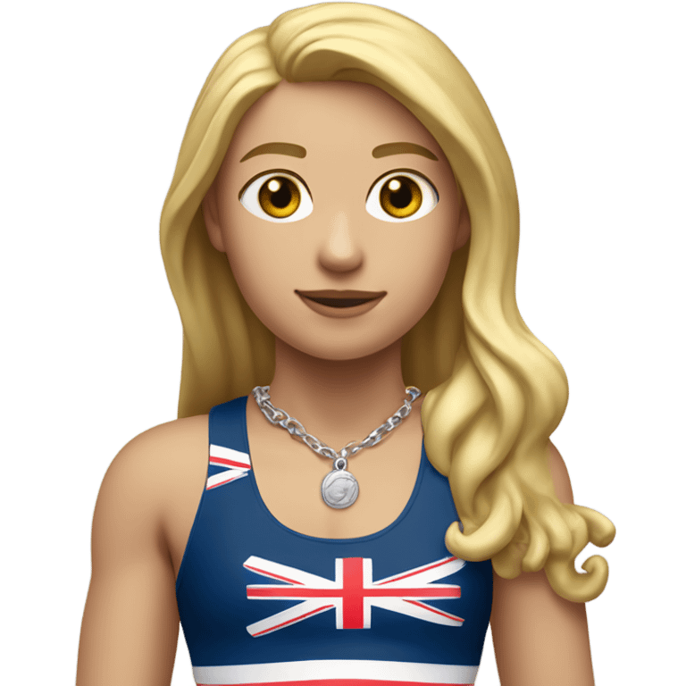 A girl with long blonde hair with wide shoulders wearing a Great Britain rowing swimming suit and has small muscles and add a necklace that has a sea shell pendant on it. The necklace is around the neck and the pendant is on her chest emoji